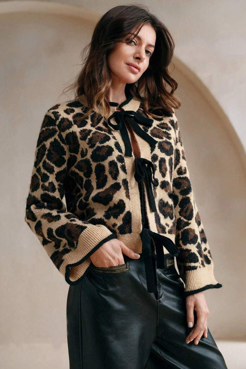 Leopard Print Tie-Front Knit Sweater for Effortless Style