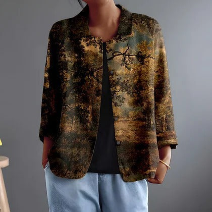 Landscape Print Collared Open Front Jacket