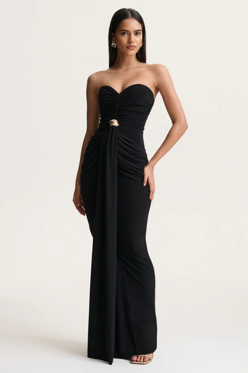 Strapless Sweetheart Ruched Gold Ring Draped Maxi Gown