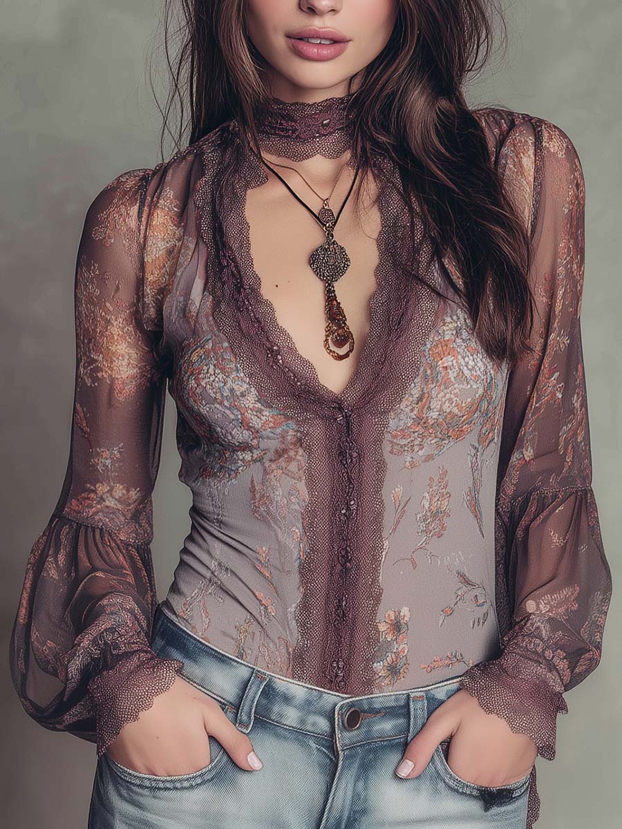 Bohemian Retro Lace Neck sheer Shirt - Fashionpara