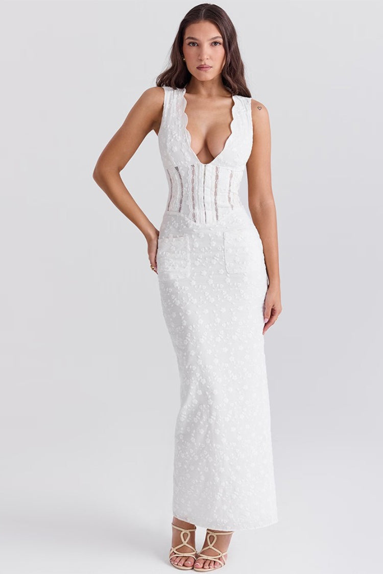 Lace Textured Corset Bodice Plunging V-Neck Ruched Bodycon Midi Dress - View 5