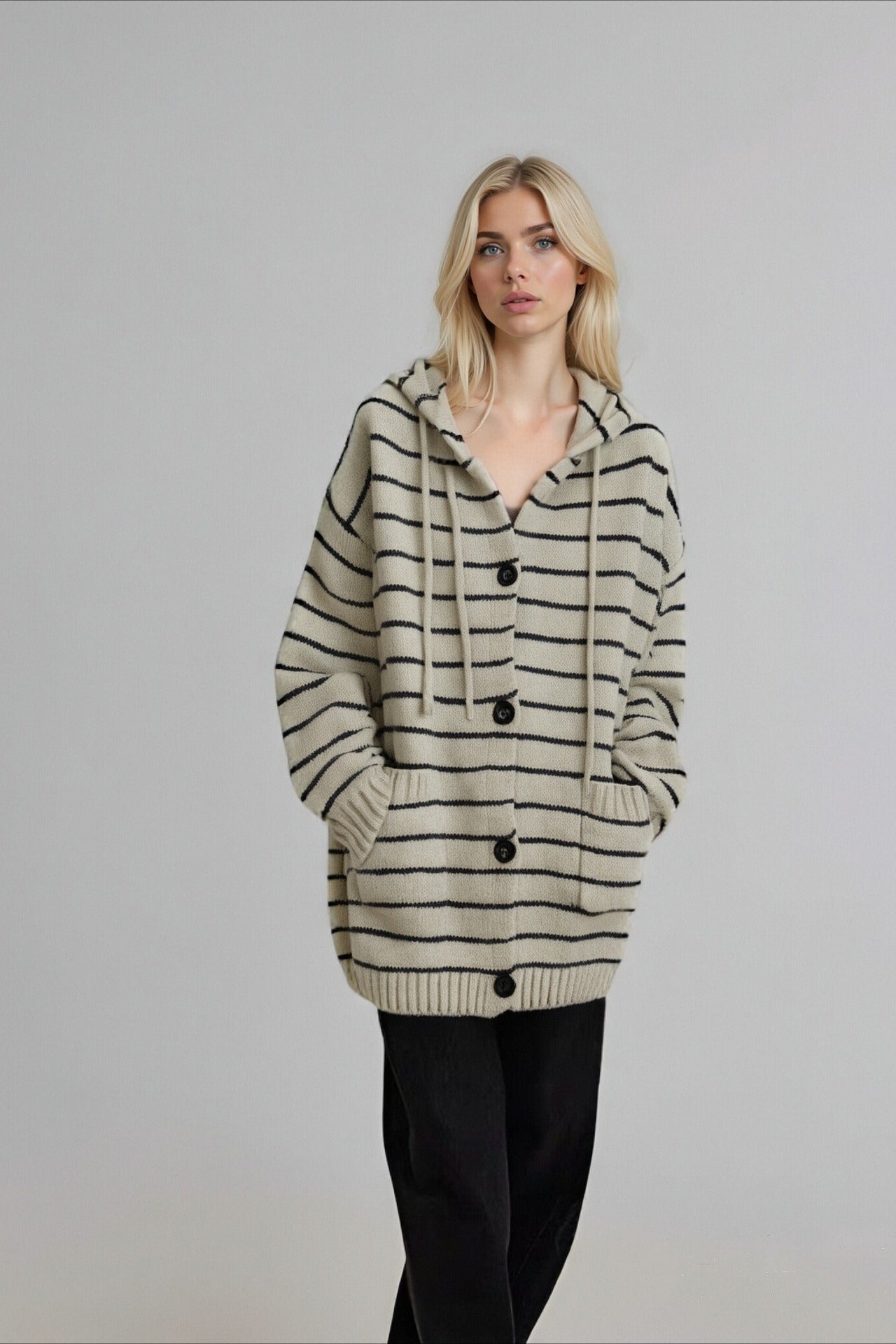 Stripe Hooded Plus Size Knit Cardigan with Drawstring Pocket