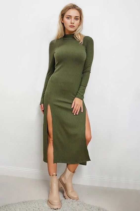 Ribbed Knit High Neck Long Sleeve Bodycon Midi Dress