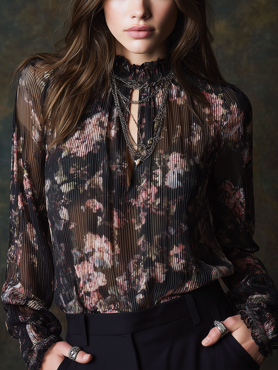 Vintage Boho Blossom Sheer Chiffon Blouse - Fashionpara