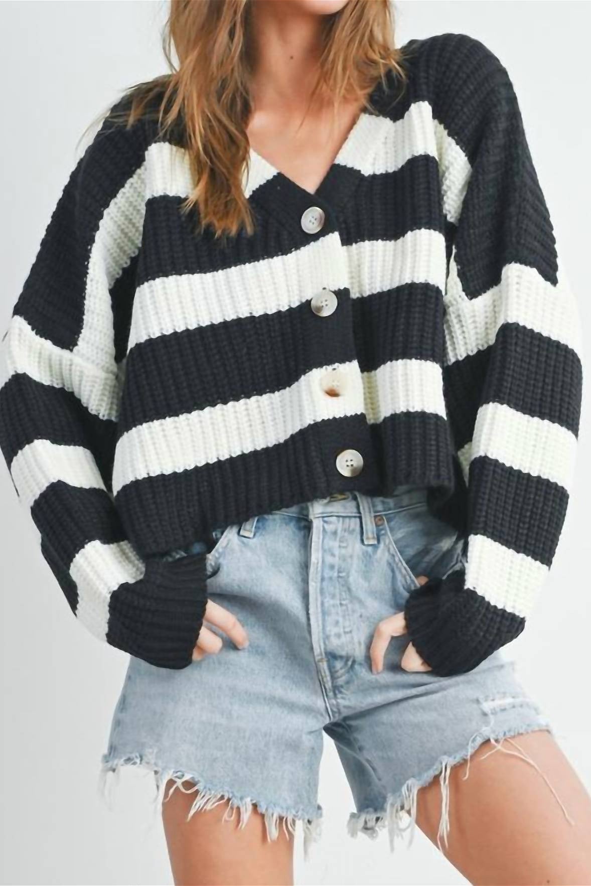 Elegant Long Sleeve V Neck Knit Cardigan with Stripes