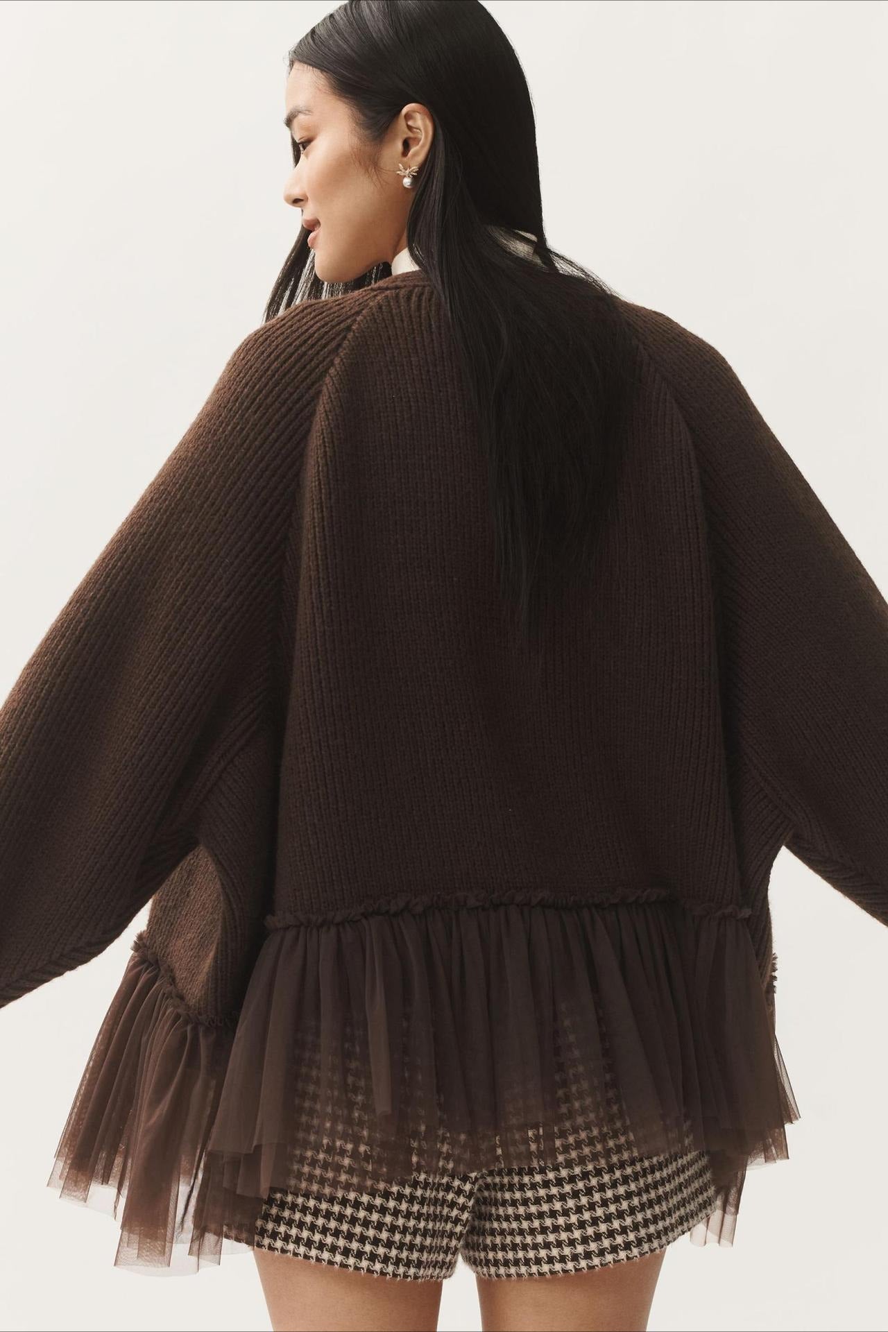 Ruffled Tulle Knit Long-Sleeve Cardigan for Effortless Style