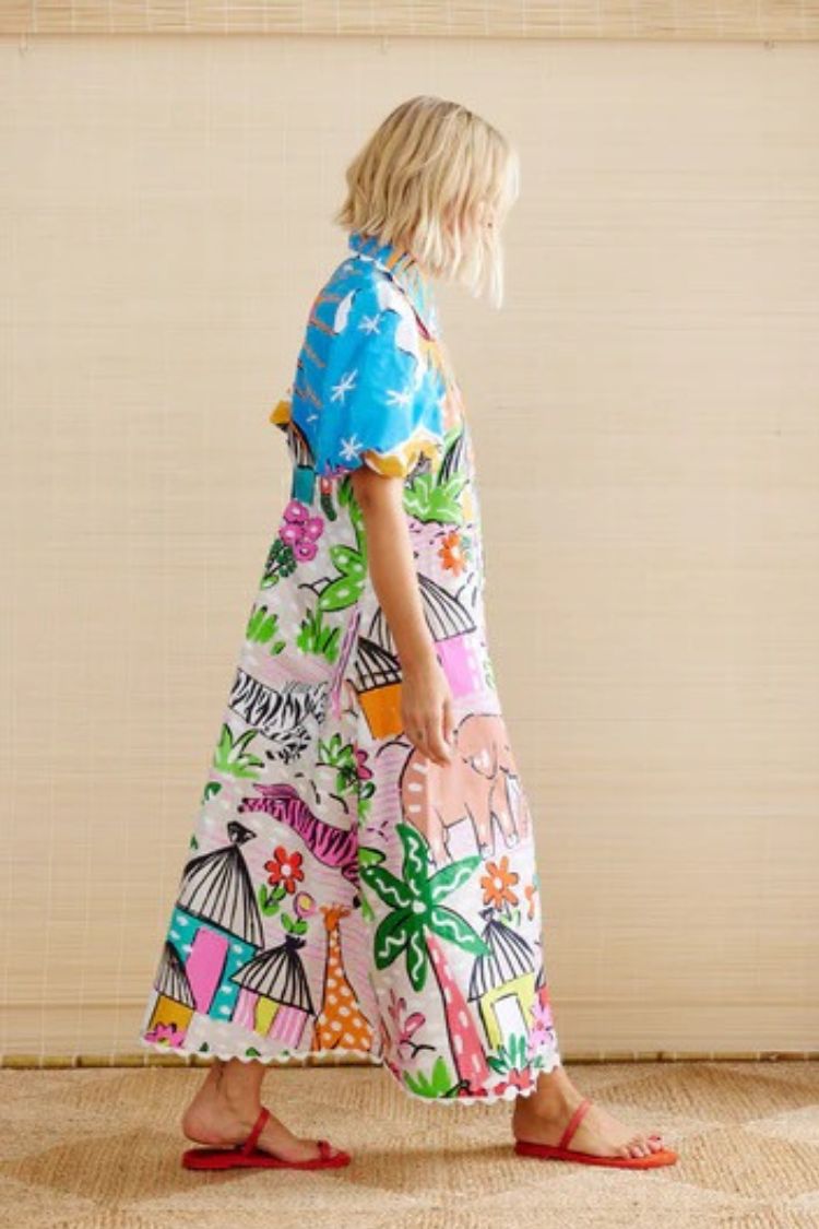 Daliah Unique Printed Wave Lace Puff Sleeves Loose Pocket Maxi Dress - Fashionpara