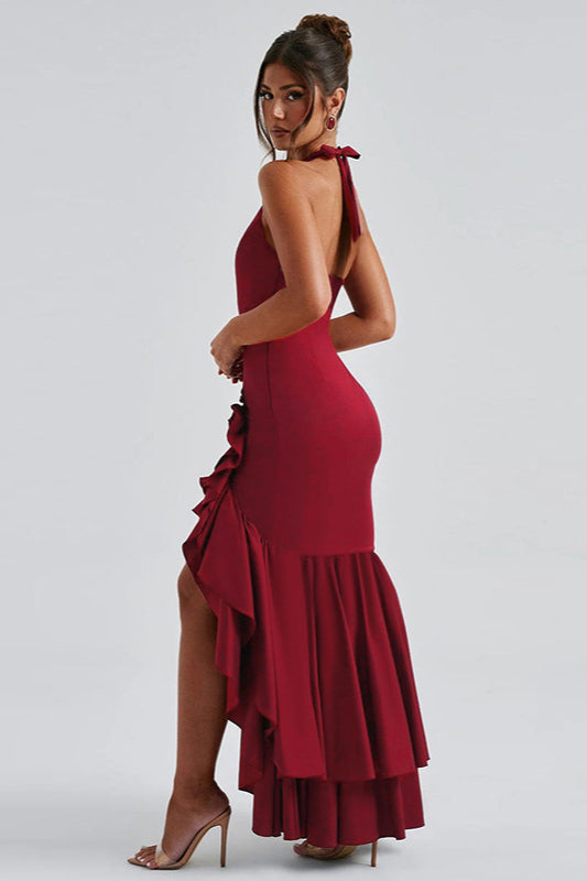 Halter Deep V Ruffled Bodycon Party Dress