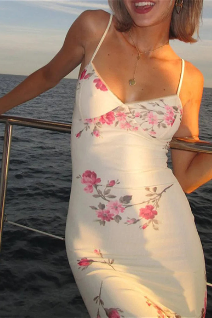 Floral Print V-Neck Spaghetti Strap Mermaid Maxi Dress