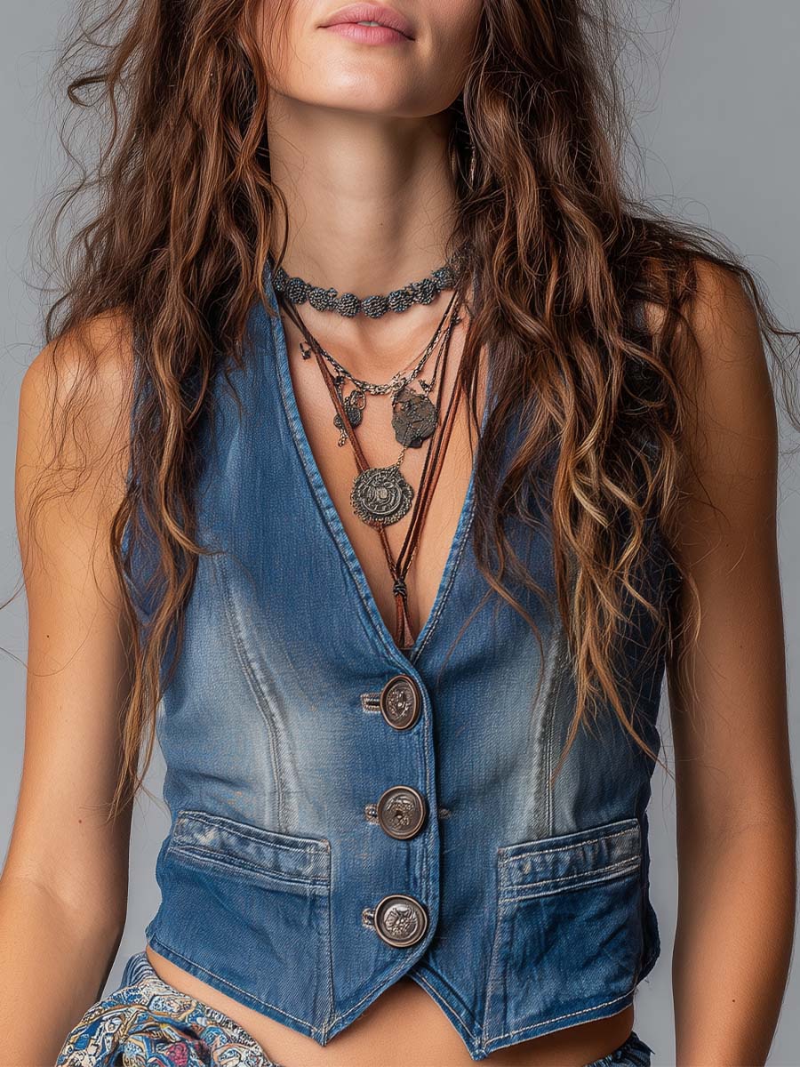 Washed Denim Vintage Button Detail Western Vest - Fashionpara