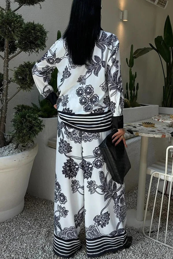 Sofia Contrast Color Flowers Print Long Sleeve Shirt and Elastic Waist Pocketed Pants Set - Fashionpara