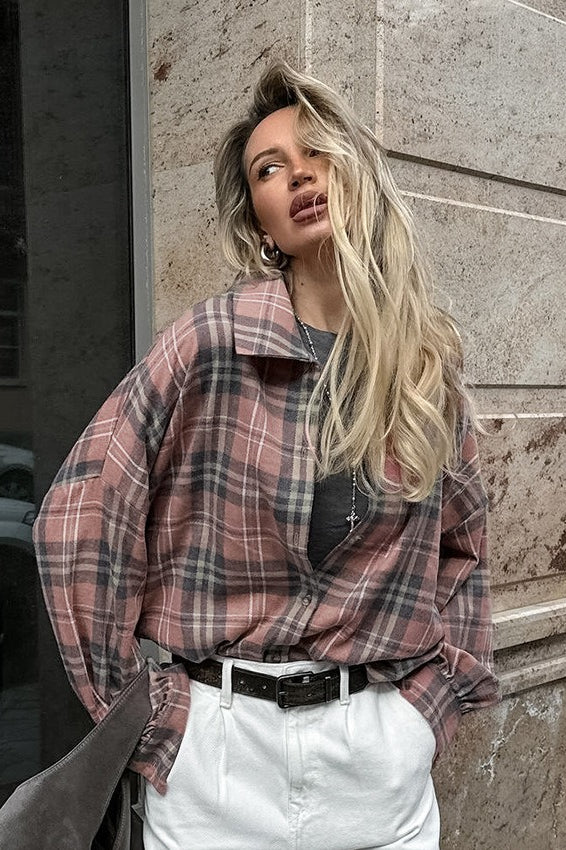 Plaid Loose Fit Cotton Blend Blouse - Fashionpara
