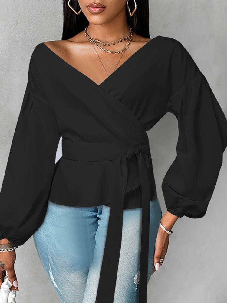 Lantern Sleeve Ruffled Belted Solid Color Blouse