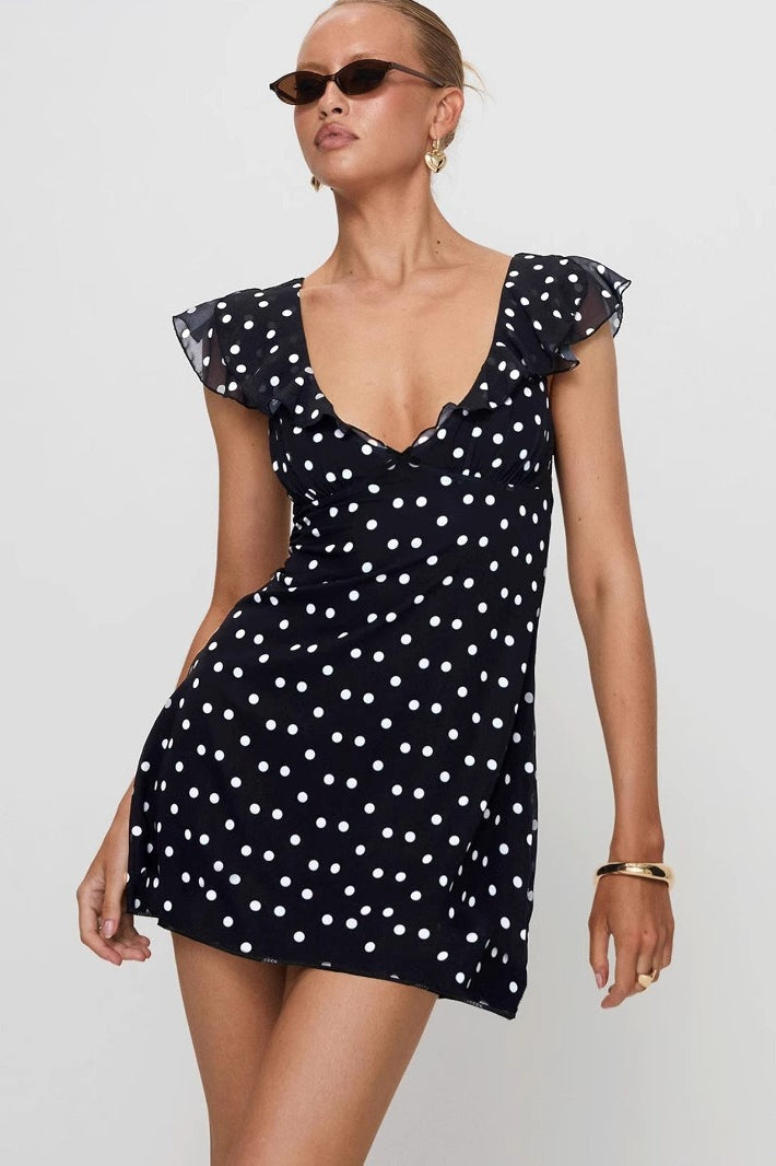 Polka Dot Mesh A-Line Mini Dress in Black