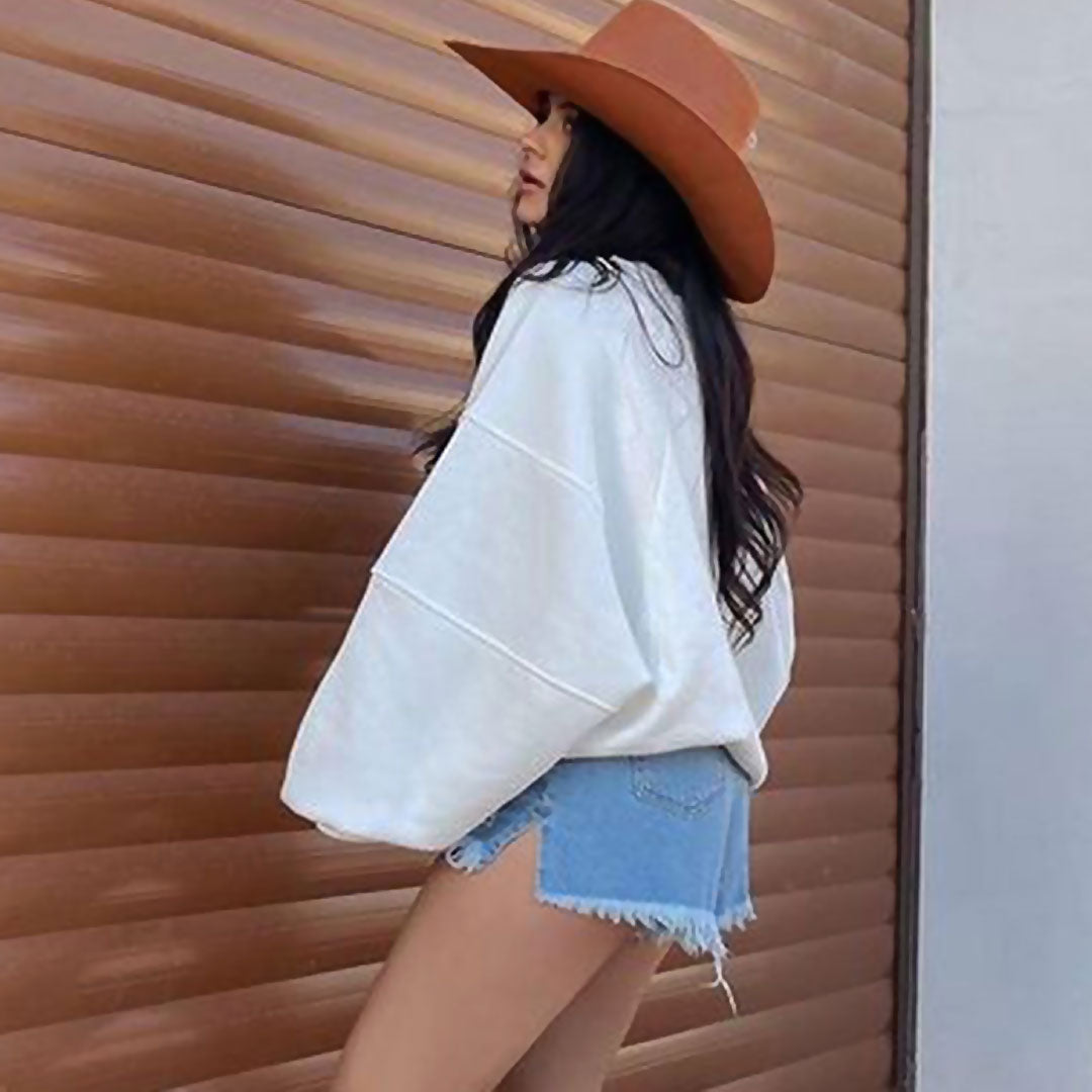 Ribbed Trim Drop Shoulder Long Sleeve Crew Neck Sweatshirt - White 3