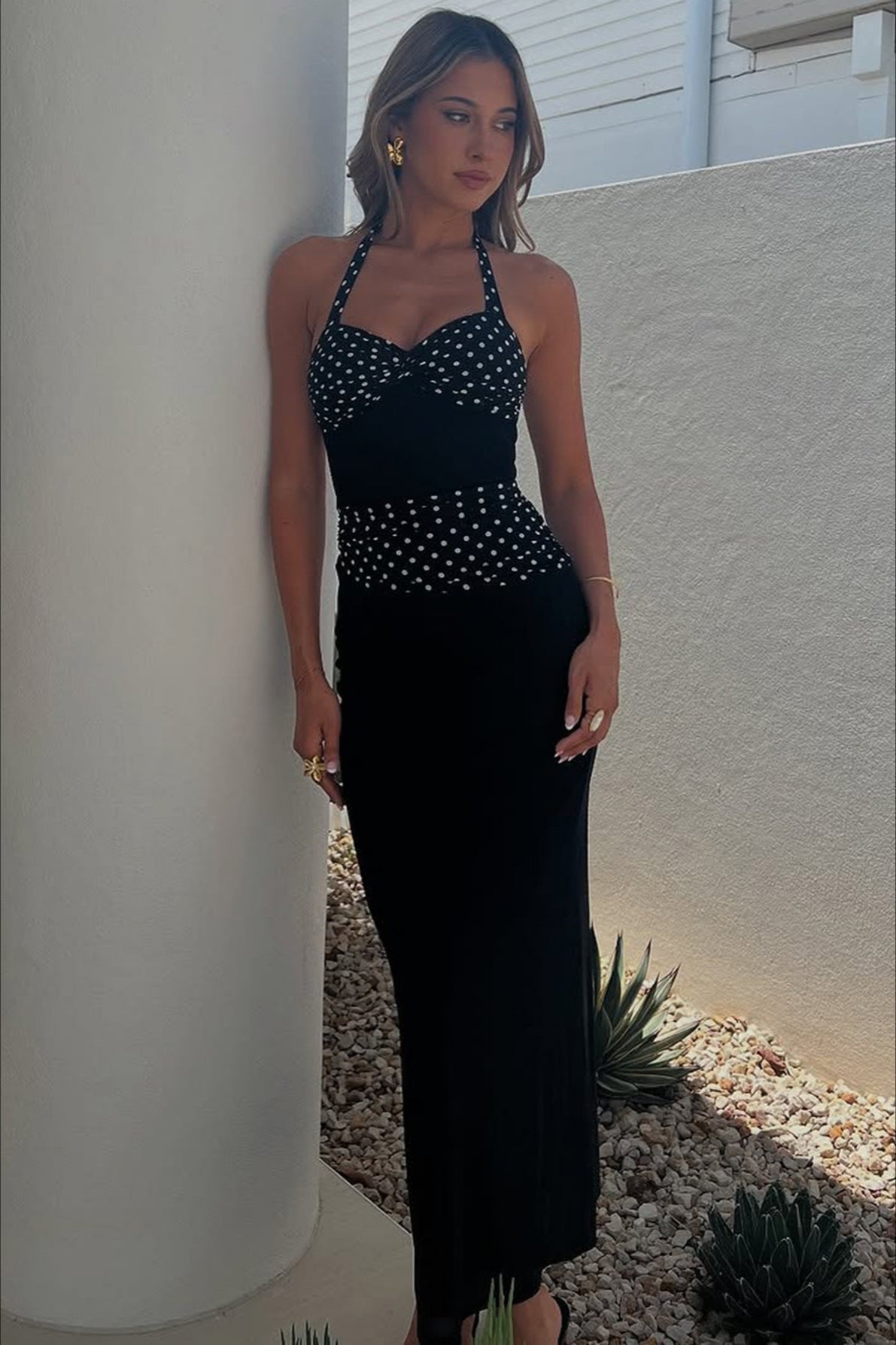 Polka Dot Halter Sweetheart Bodycon Maxi Dress