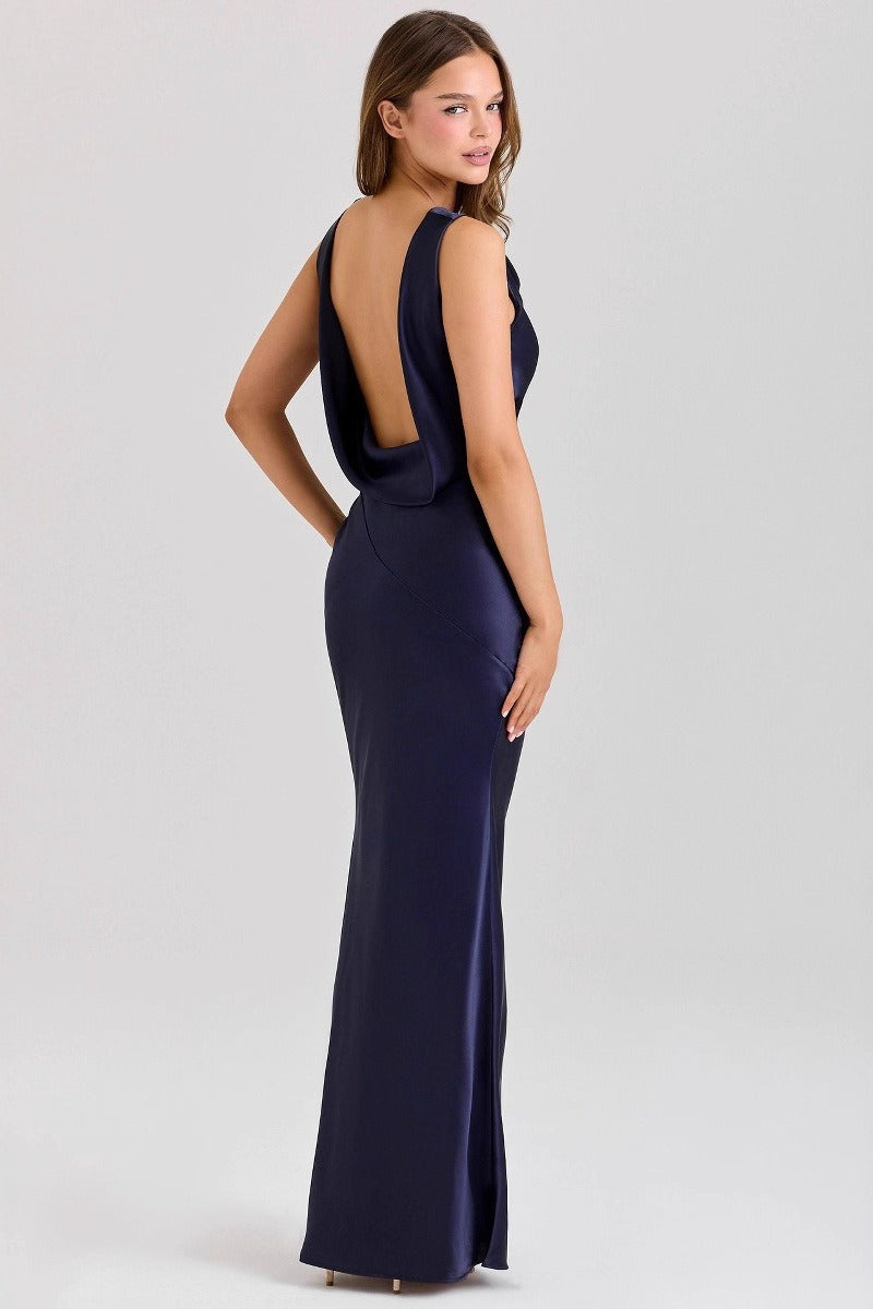 Satin Cowl Neck Sleeveless Bias Cut Slip Midi Dress - View 5