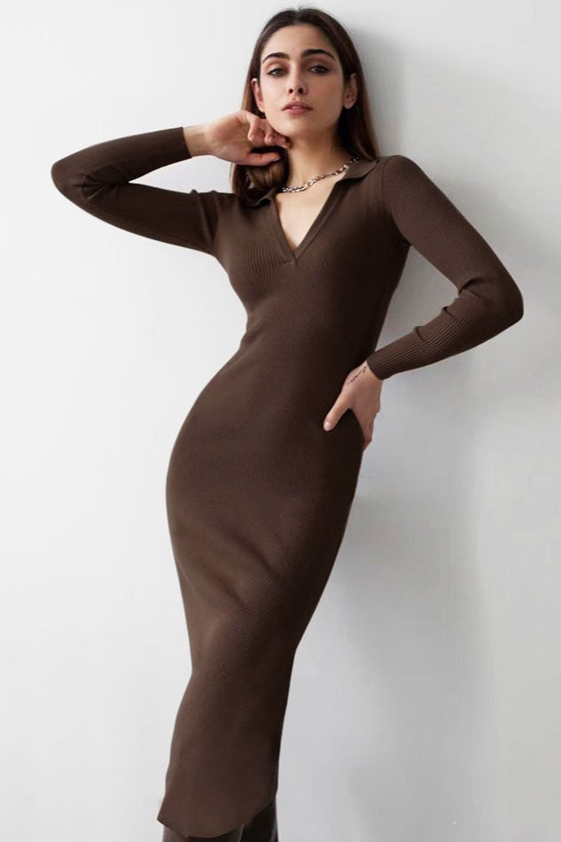 Deep V Collar Bodycon Midi Dress