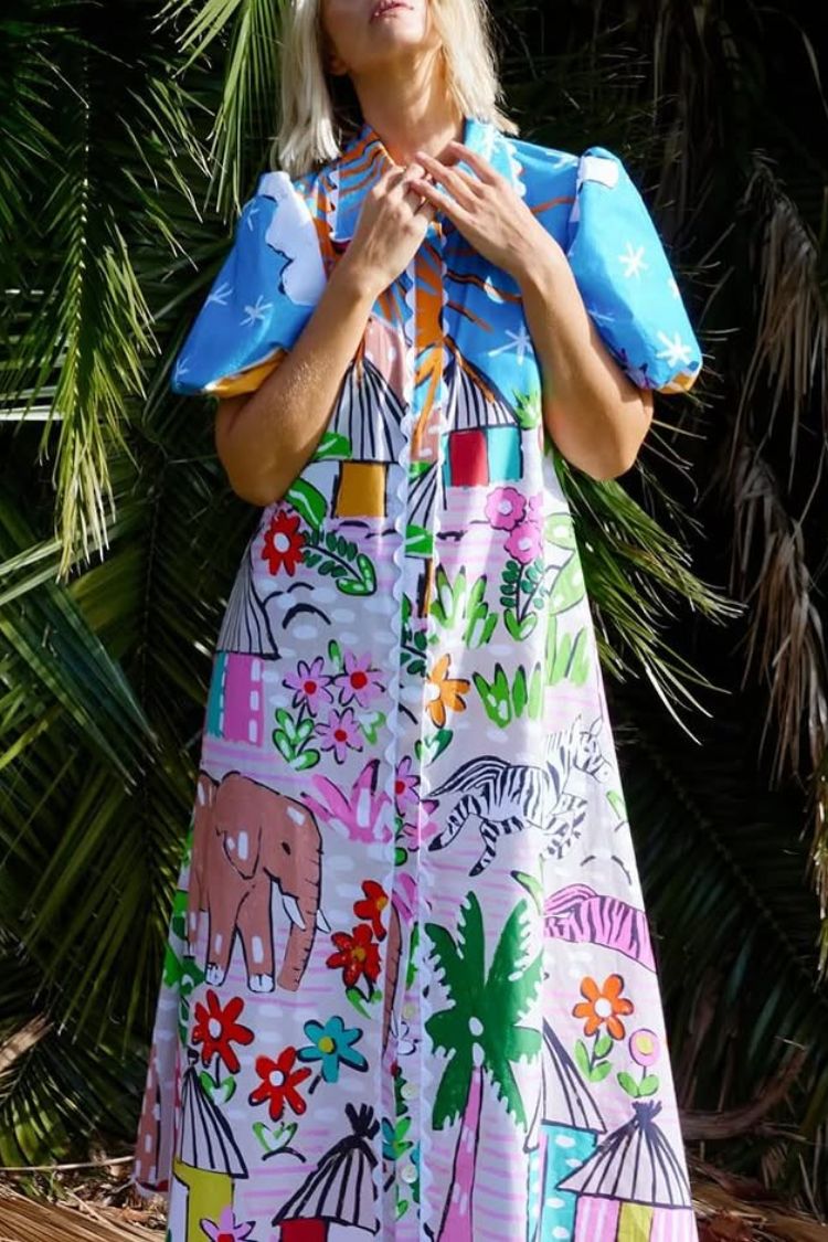 Daliah Unique Printed Wave Lace Puff Sleeves Loose Pocket Maxi Dress - Fashionpara