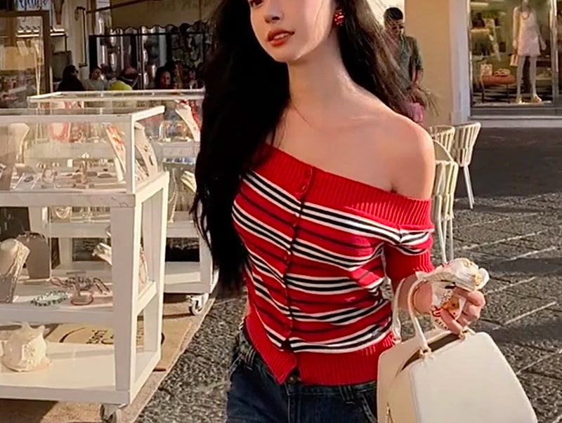 Y2K Striped Off Shoulder Sweater Top for Effortless Style