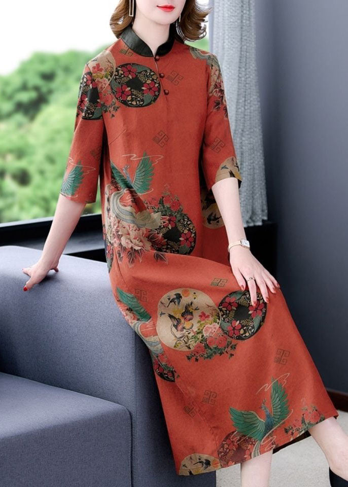 Medallion Print Mandarin Collar Frog Button Half Midi Dress - View 2