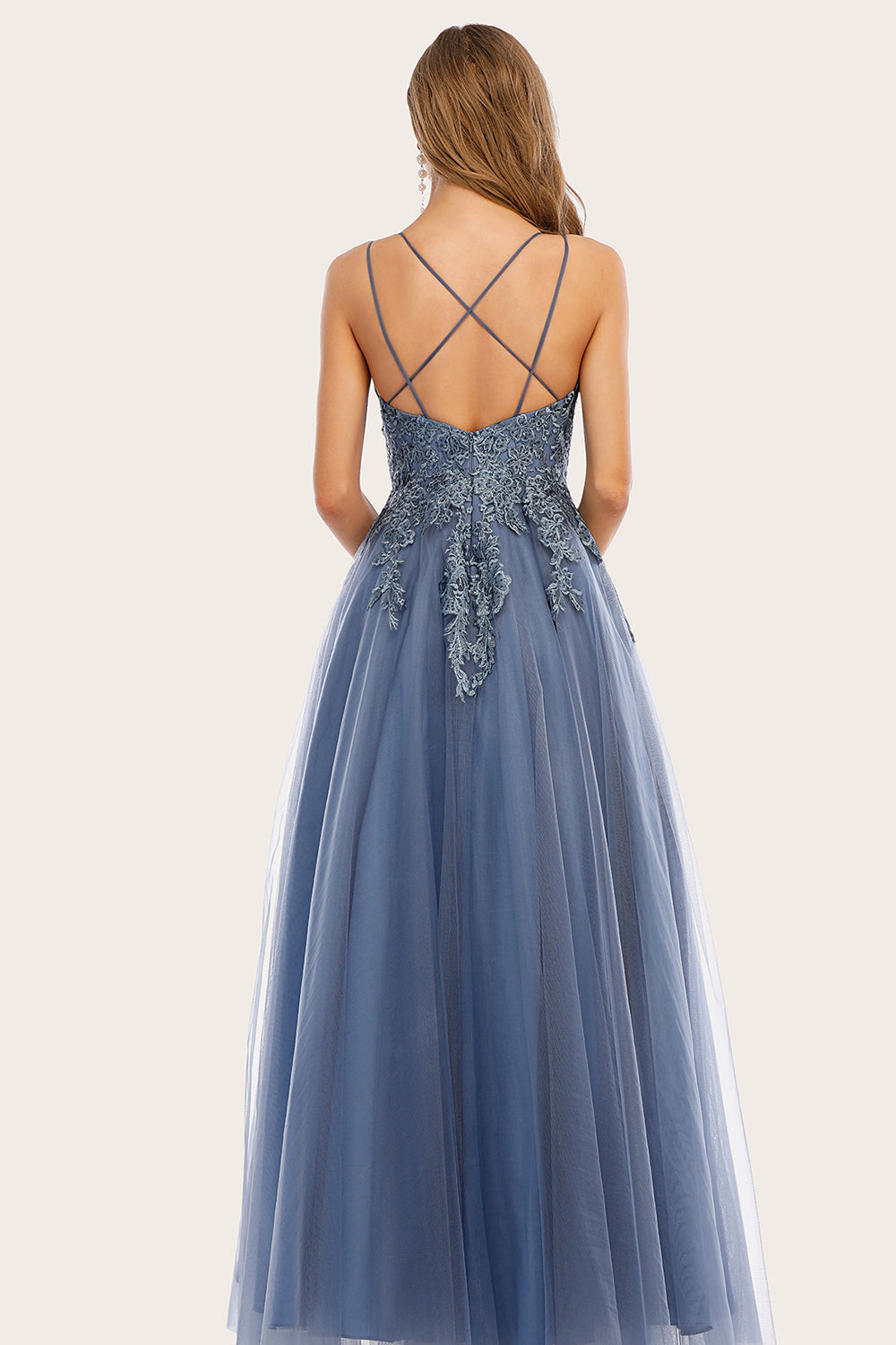 Dusty Blue Long Prom Dress with Lace - Fashionpara