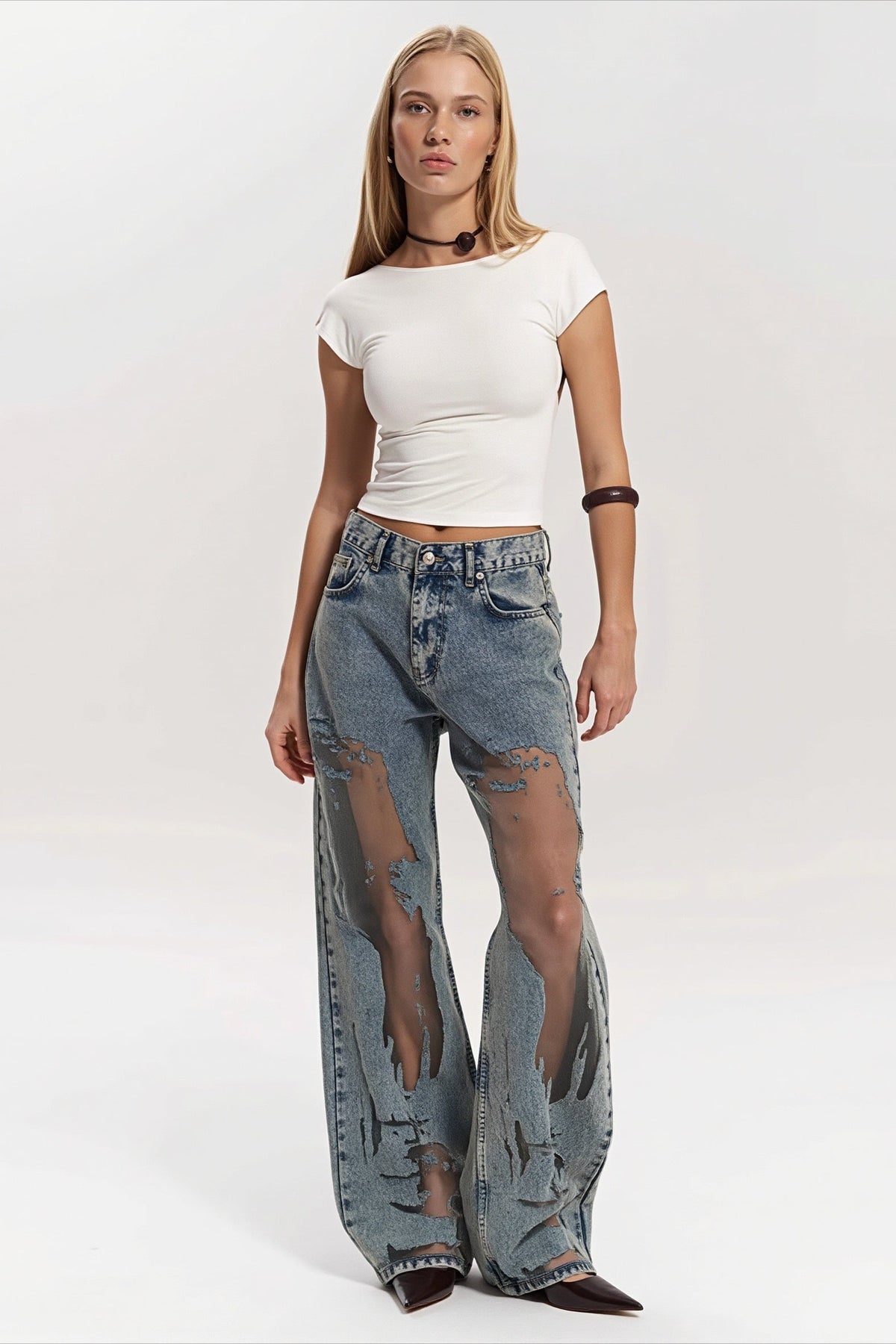 Mesh Panel Textured Y2K Wide Leg Jeans