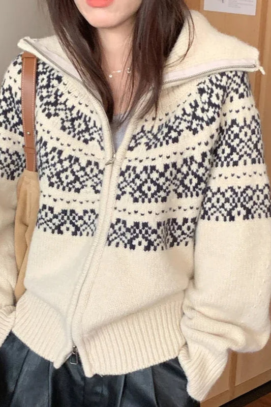 Ribbed Knit Fair Isle Zip Cardigan