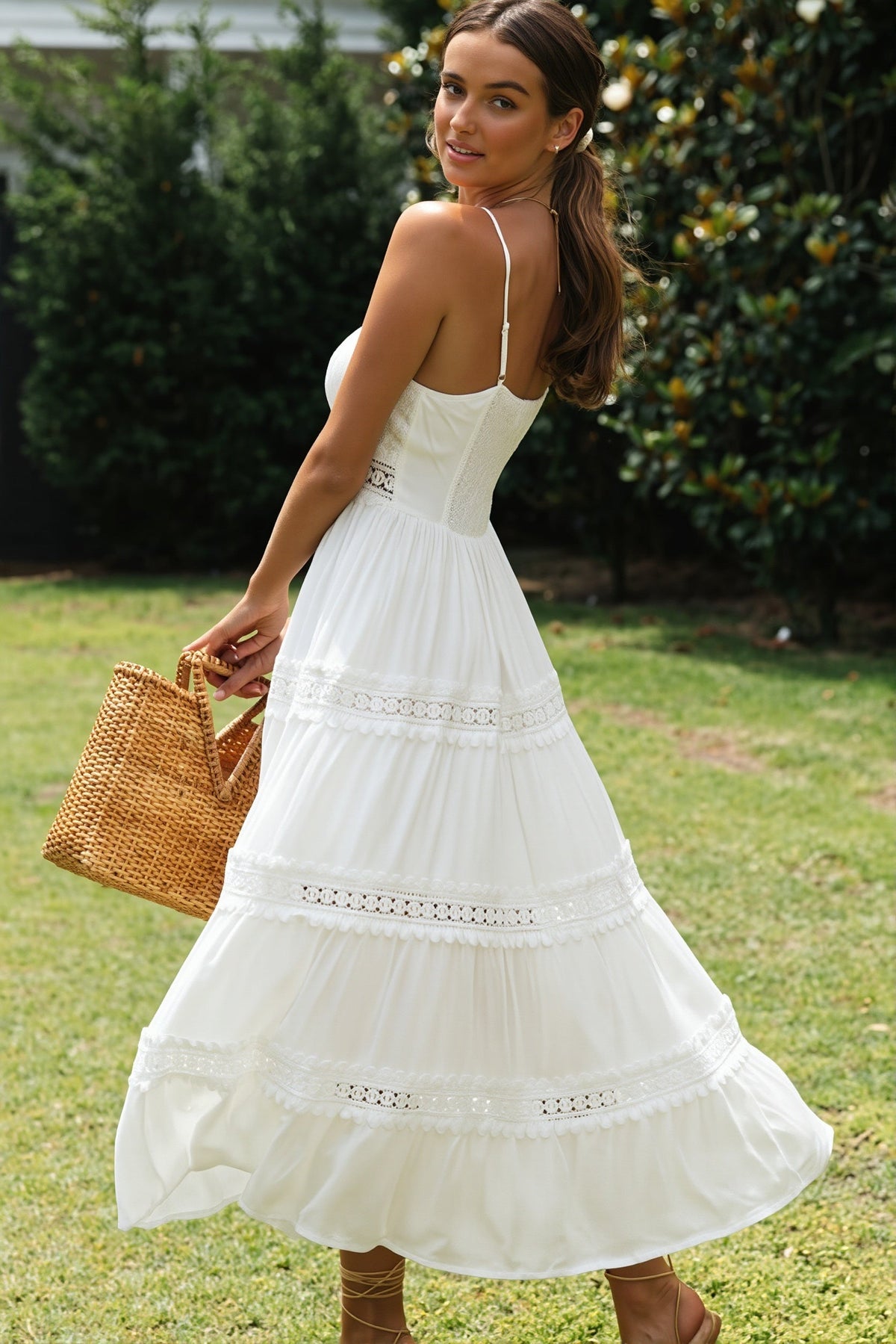 Lace Trim Sweetheart Tiered Flared Maxi Dress 7
