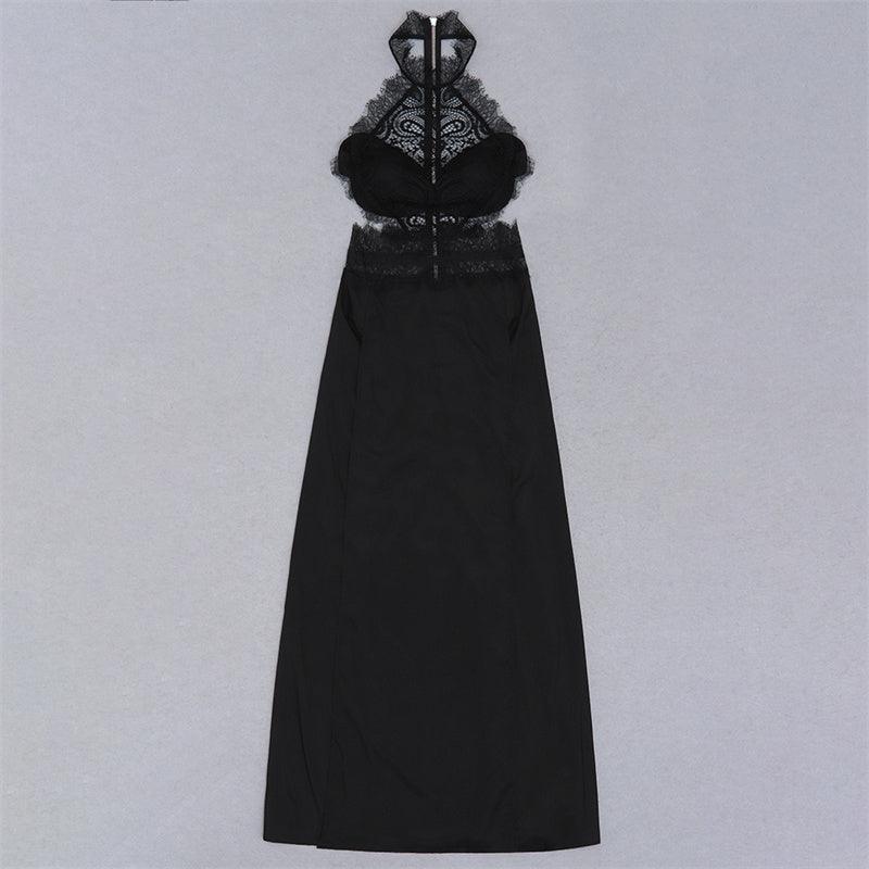 KittenAlarm - Adalynn Halter Lace Backless Side Slit Dress