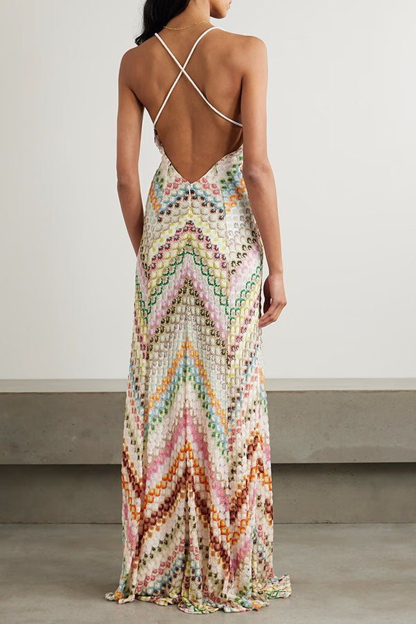 Zigzag Crochet Knit Halter Backless Maxi Dress