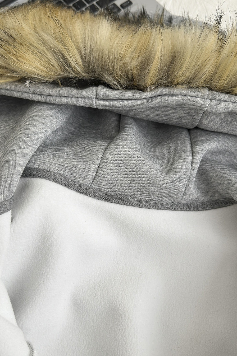 Vintage Gray Fur Collar Zip Hoodie - Fashionpara