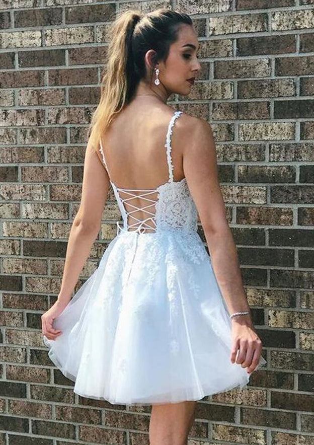 Add Elegance to Your Look with Elegant A-line V Neck Sleeveless Lace Tulle Short Homecoming Dress With Appliqued - Fashionpara