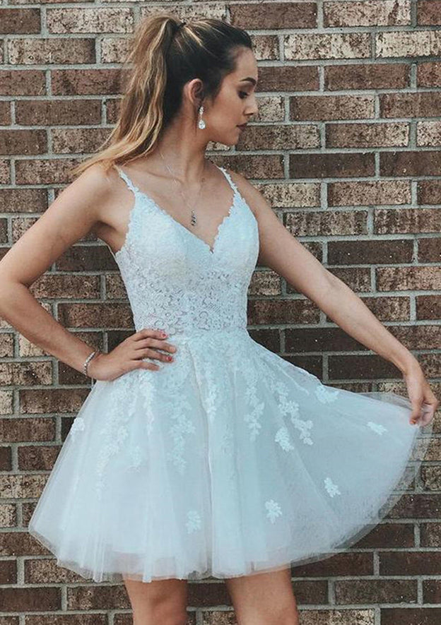 Add Elegance to Your Look with Elegant A-line V Neck Sleeveless Lace Tulle Short Homecoming Dress With Appliqued - Fashionpara