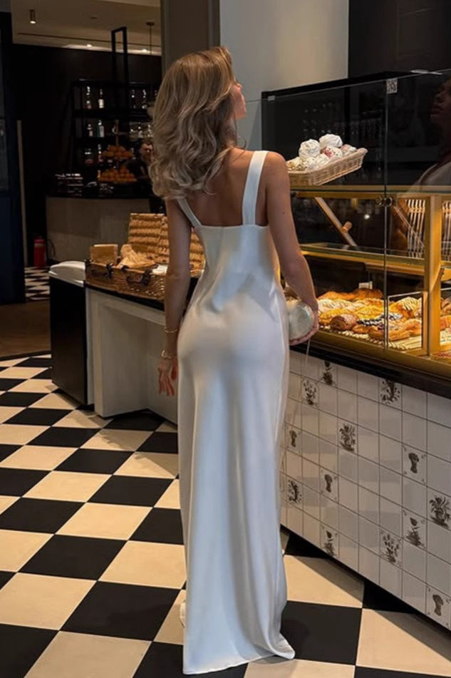 Chic Solid Draped Neck Luxury Satin Formal Dress