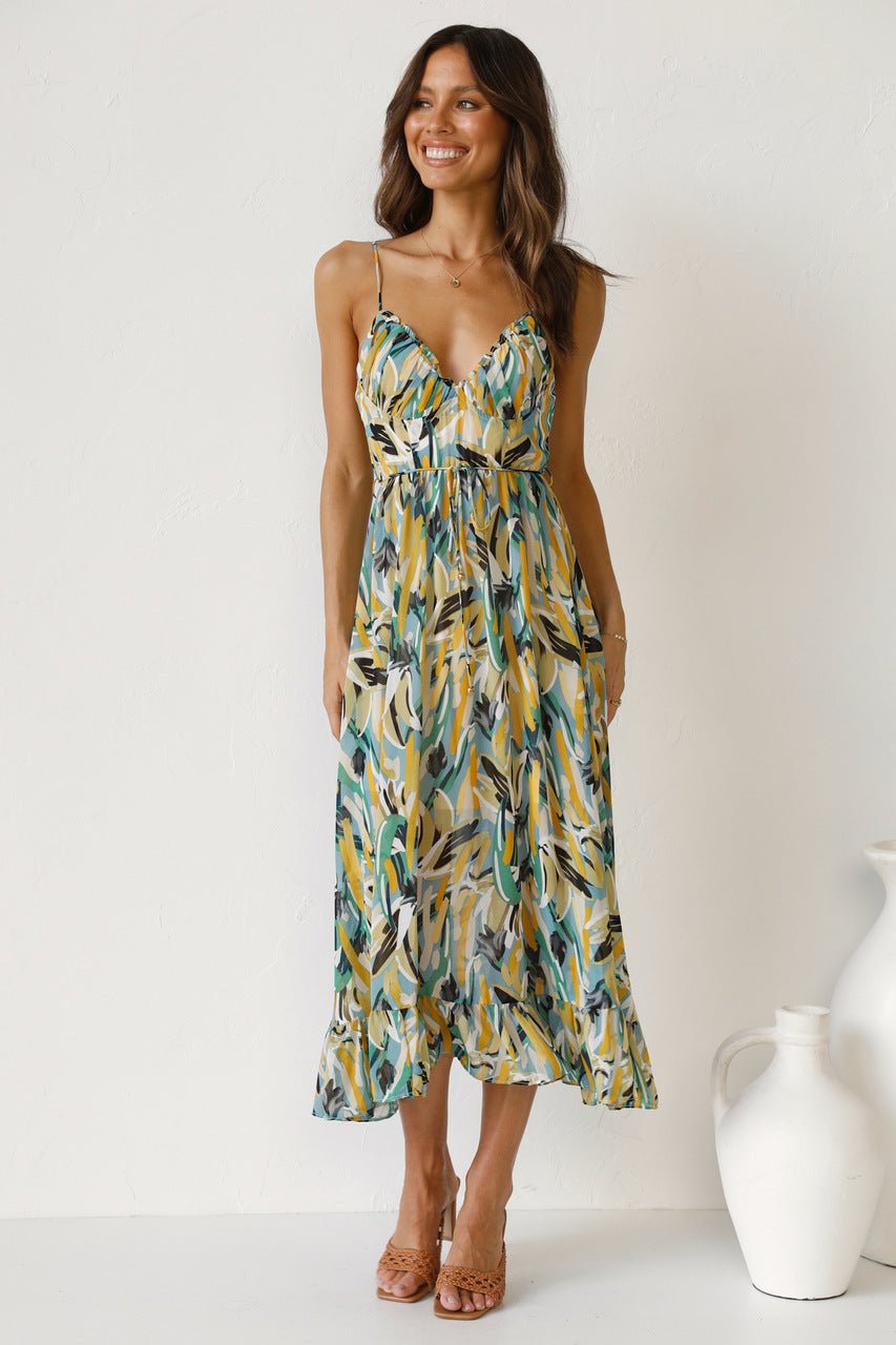Spaghetti Strap V-Neck Tiered Ruffle Chiffon Midi Summer Dress - View 7