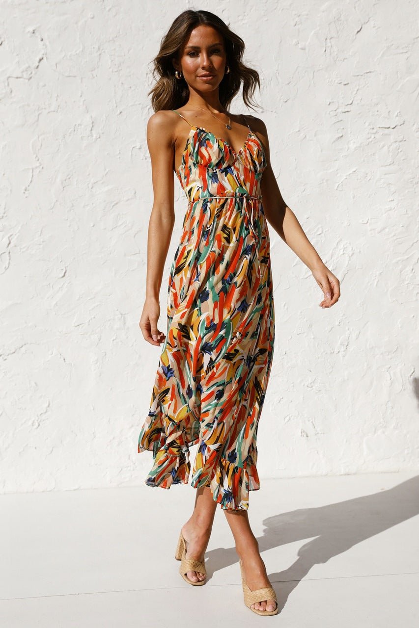 Spaghetti Strap V-Neck Tiered Ruffle Chiffon Midi Summer Dress - View 2