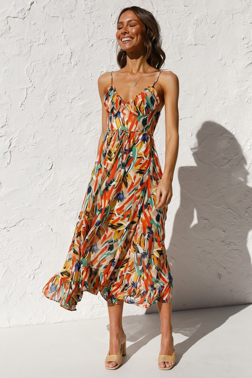 Spaghetti Strap V-Neck Tiered Ruffle Chiffon Midi Summer Dress