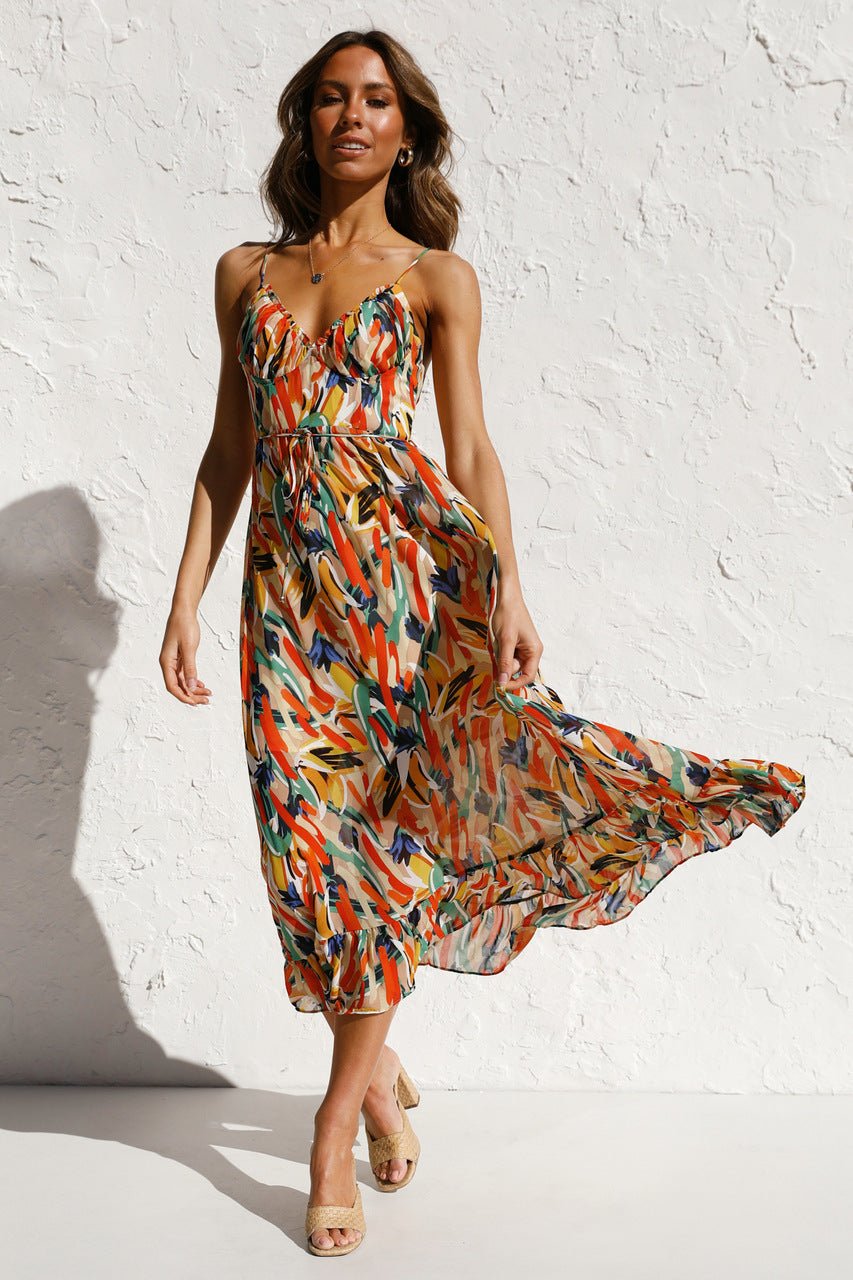 Spaghetti Strap V-Neck Tiered Ruffle Chiffon Midi Summer Dress - View 10