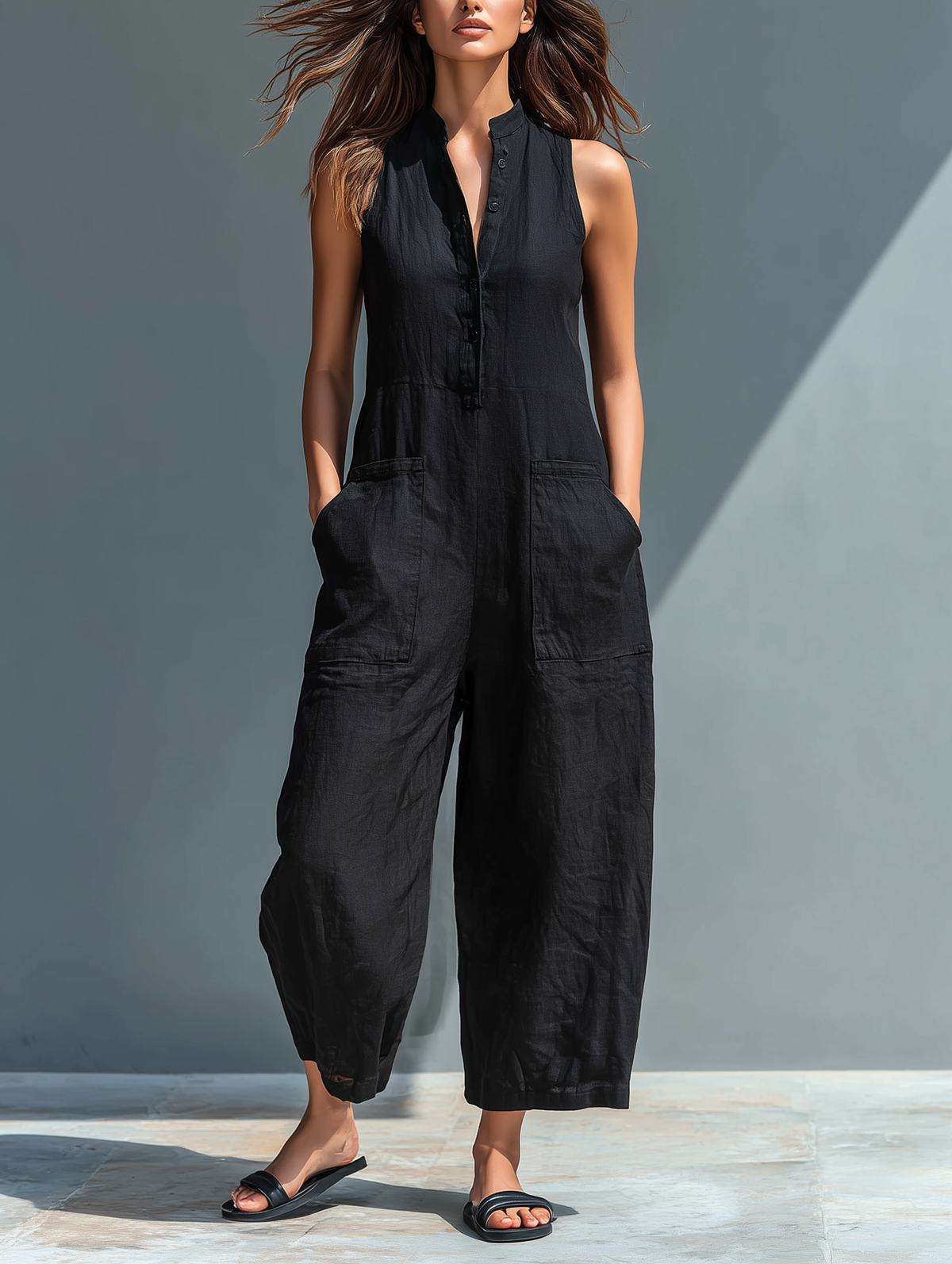 Stand Collar Sleeveless Button Front Wide Leg Jumpsuit