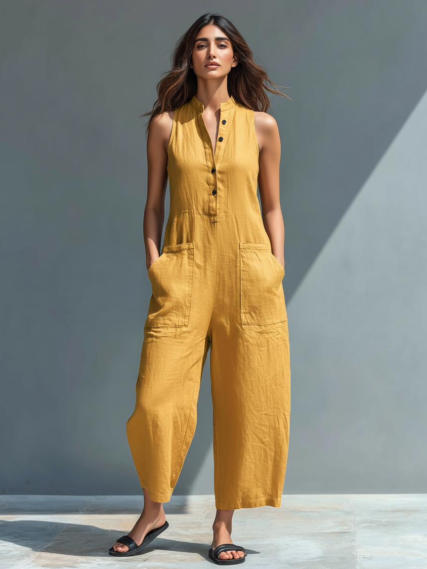 Stand Collar Sleeveless Button Front Wide Leg Jumpsuit 2