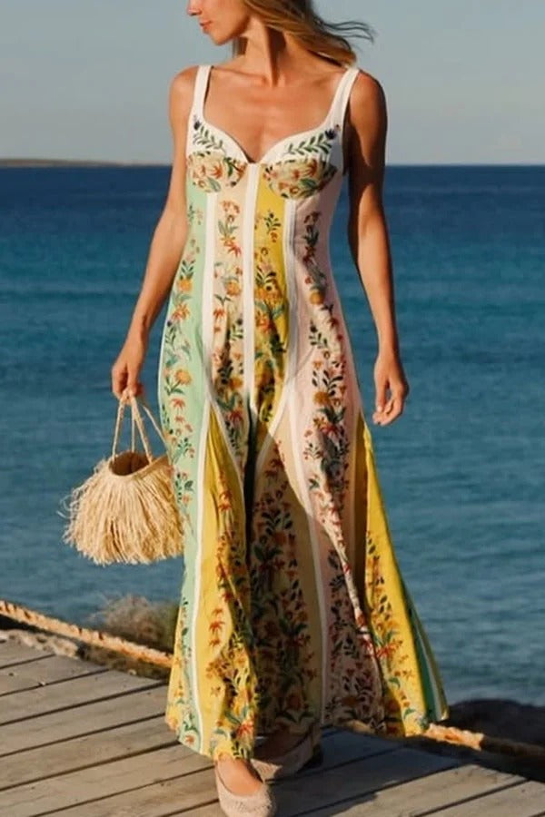 Sweet Garden Linen Blend Color Block Floral Paneled Maxi Dress - Fashionpara