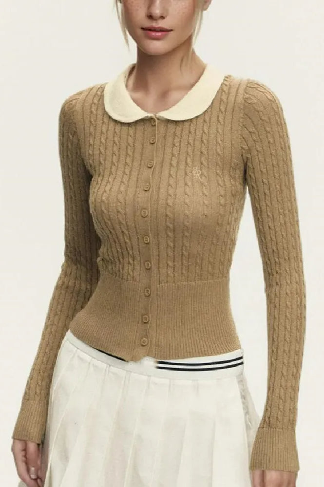 Short Lapel Cable Knit Cardigan