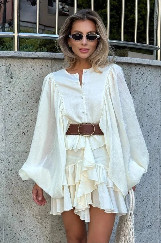 Linen Round Neck Puff Sleeve Ruffle Tiered Mini Dress