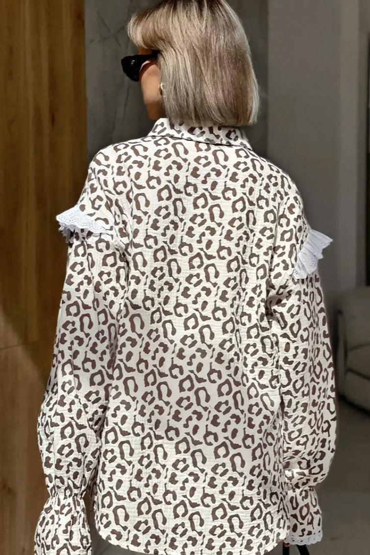 Elegant Leopard Print Cotton Long Sleeve Blouse