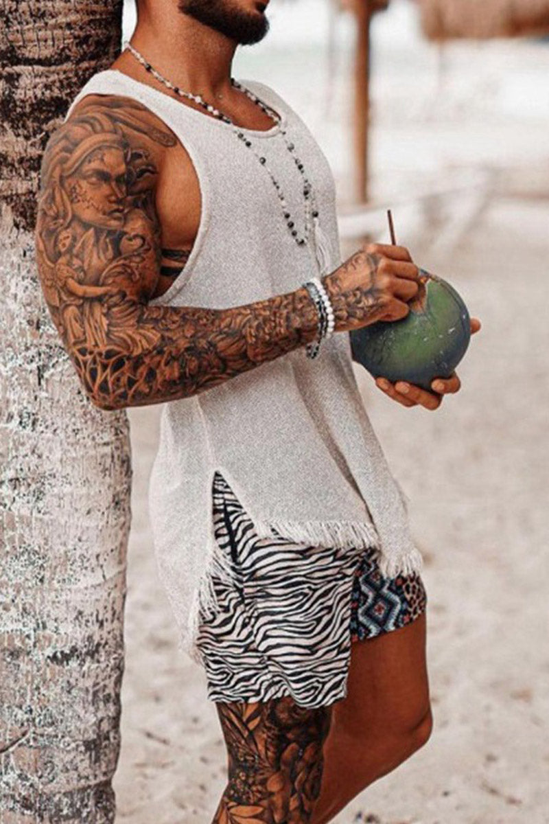 Men's Sport White Tassel Knit Vest - Fashionpara