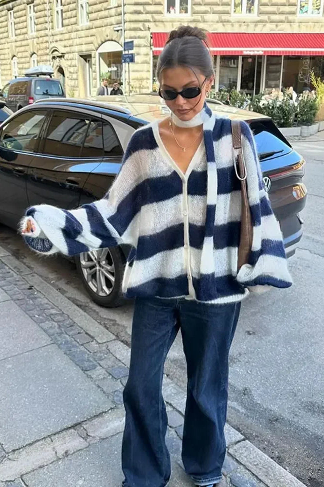 Striped Contrast V-neck Loose Cardigan