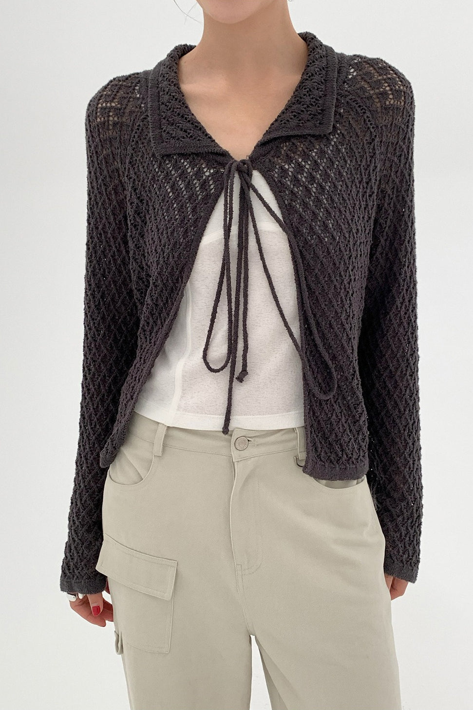 Hollow-Out Long Sleeve Tie-Waist Knit Cardigan for Style