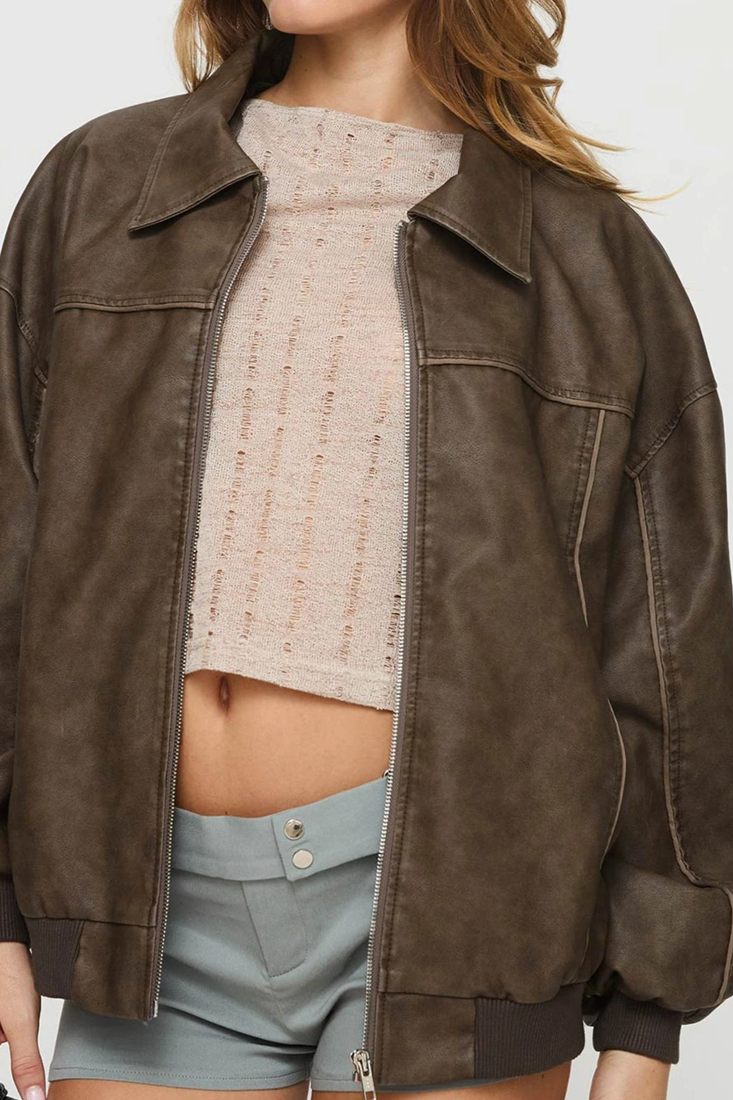 Lapel Collar Faux Leather Motorcycle Jacket