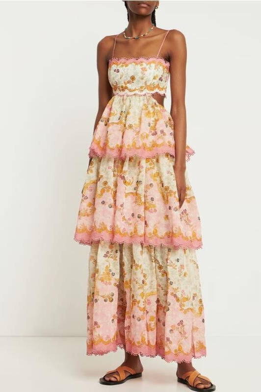 Floral Print Strappy Scalloped Tiered Maxi Dress